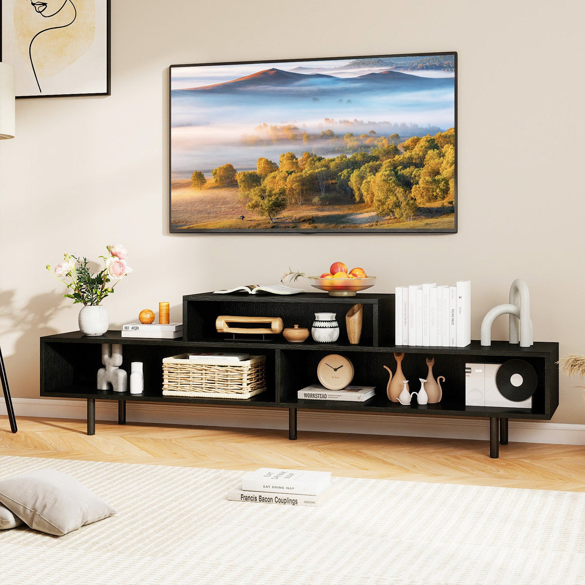 3 Cubby TV Stand for TVs up to 70 Inch Entertainment Center with Open Storage Compartments-Black view 2