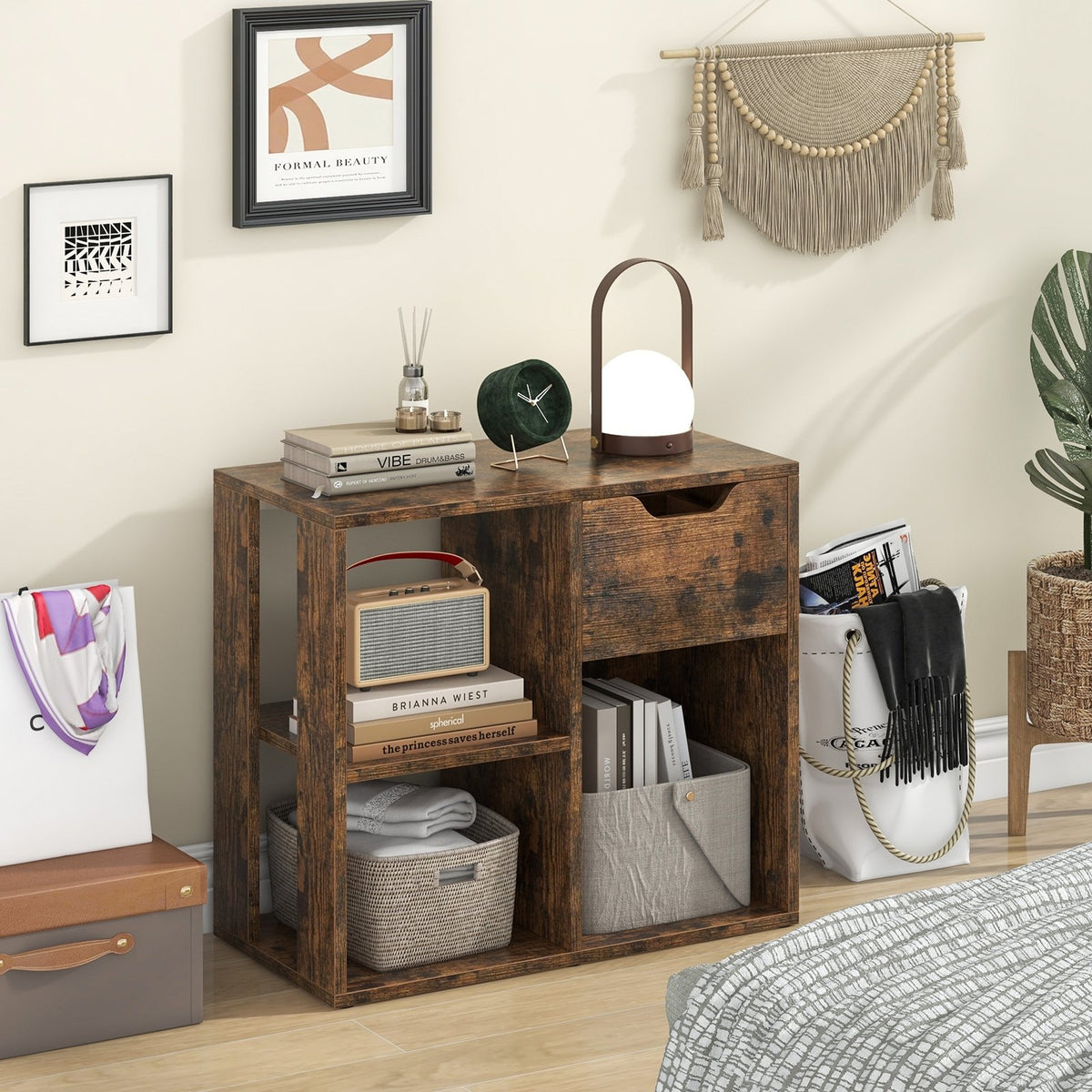 3-Cube Bookcase 2-tier Wooden Storage Shelf with Pull-out Drawer-Brown view 2