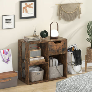 3-Cube Bookcase 2-tier Wooden Storage Shelf with Pull-out Drawer-Brown view 2
