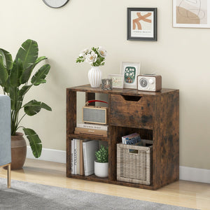 3-Cube Bookcase 2-tier Wooden Storage Shelf with Pull-out Drawer-Brown view 3