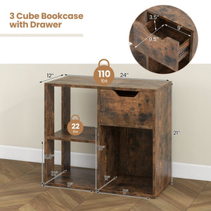3-Cube Bookcase 2-tier Wooden Storage Shelf with Pull-out Drawer-Brown view 5