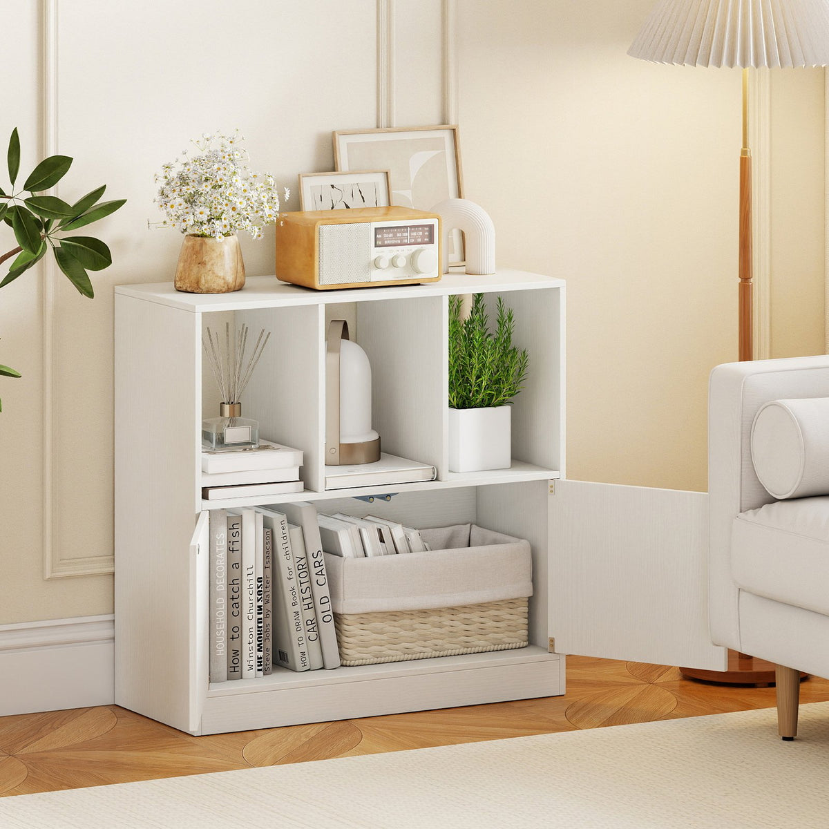 3-Cube Bookcase with Doors 3-Tier Cubic Bookshelf with Open Compartments and Cabinet-White view 2