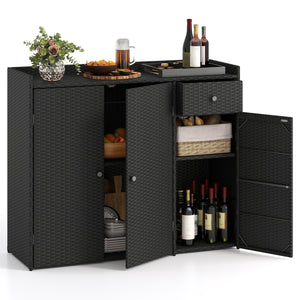 3 Doors Outdoor PE Wicker Storage Cabinet for Deck-Black