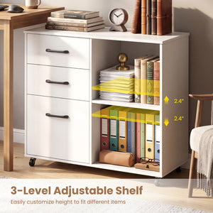 3-Drawer Mobile File Cabinet with Open Storage Shelves and Wheels for Letter A4 Size-White view 9