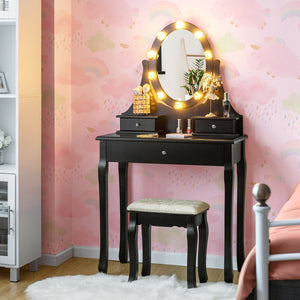 3 Drawers Lighted Mirror Vanity Dressing Table Stool Set-Black view 3