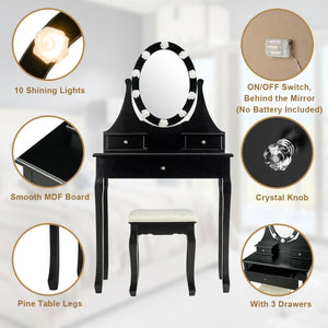 3 Drawers Lighted Mirror Vanity Dressing Table Stool Set-Black view 7
