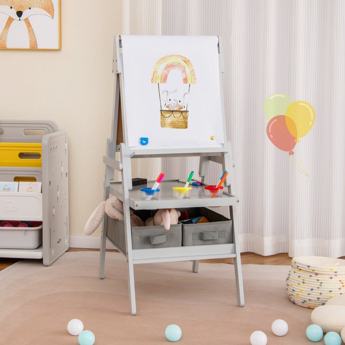 3-in-1 Art Easel for Kids with Magnetic Chalkboard and Whiteboard-Gray view 2