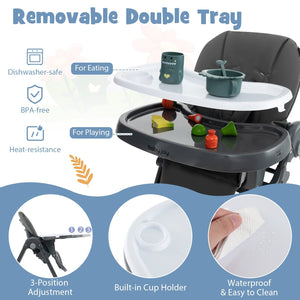 3-In-1 Convertible Baby High Chair with 7 Heights and Double Food Tray-Dark Gray view 7