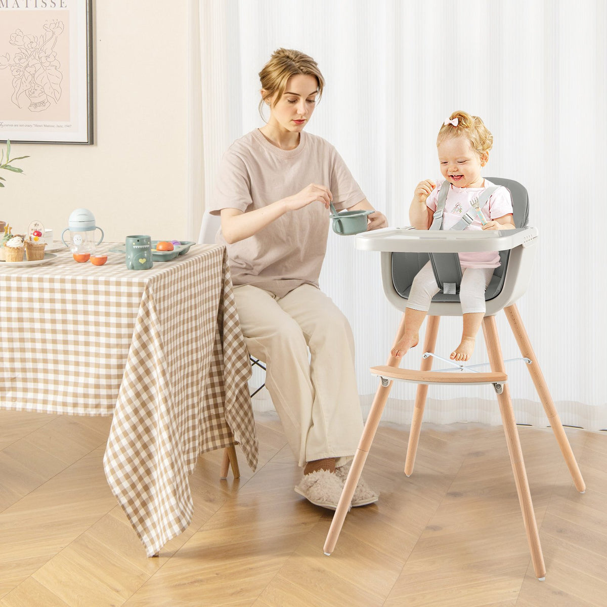 3-in-1 Convertible Wooden High Chair with Cushion-Gray view 2