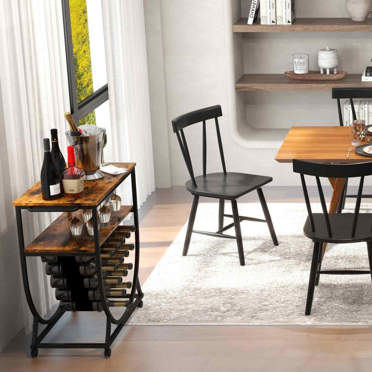 3-in-1 Dining Set: Windsor Chairs, Industrial Sideboard & Wall-Mount Wine Rack Combo view 2