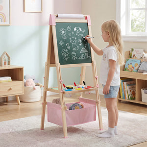 3-in-1 Double-Sided Adjustable Kid Easel for 3-8 Years Old Toddlers-Pink view 2