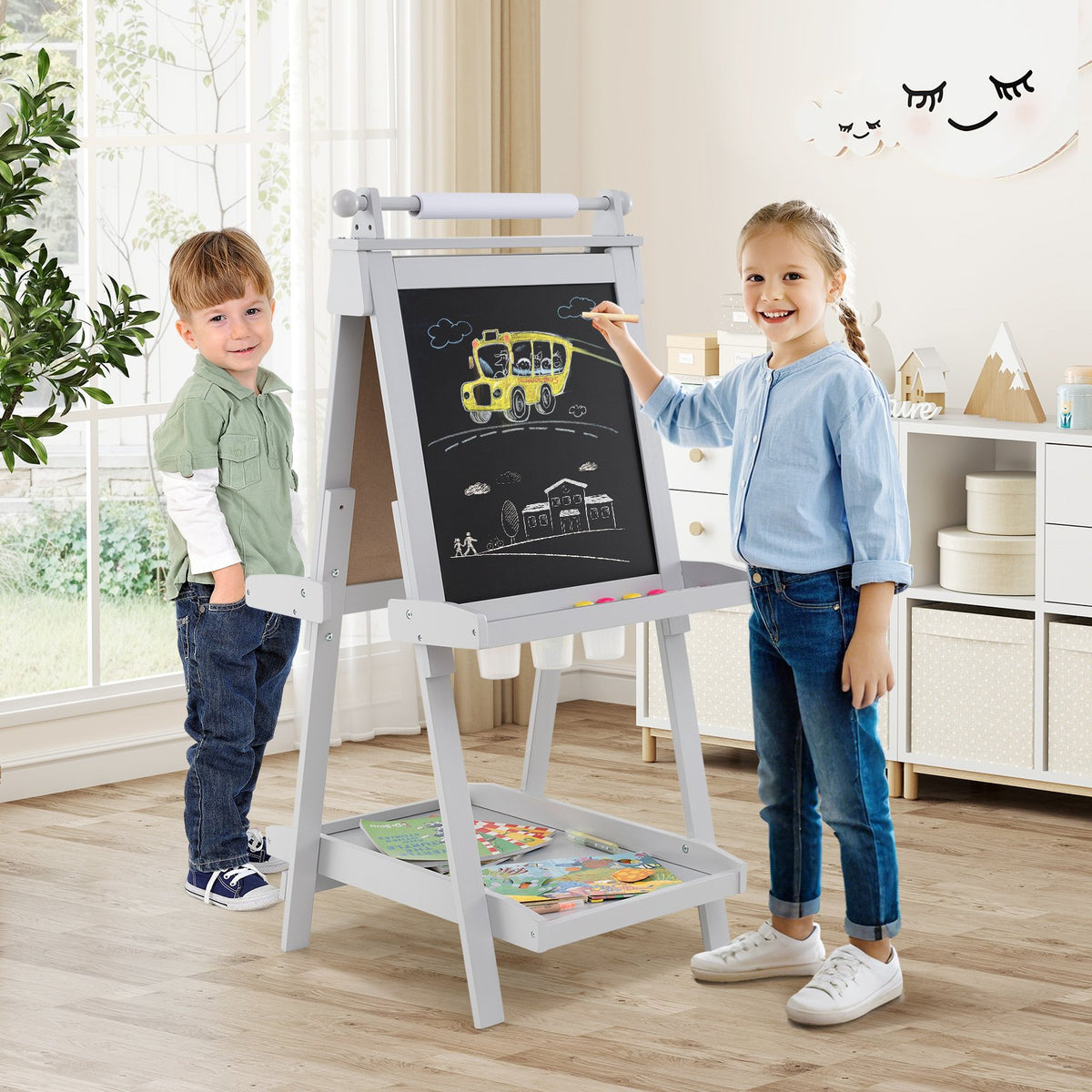 3-in-1 Double-sided Art Easel with Chalkboard and Magnetic Whiteboard-Gray view 2