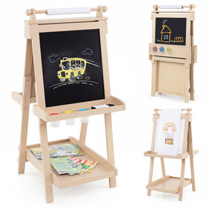 3-in-1 Double-sided Art Easel with Chalkboard and Magnetic Whiteboard-Natrual