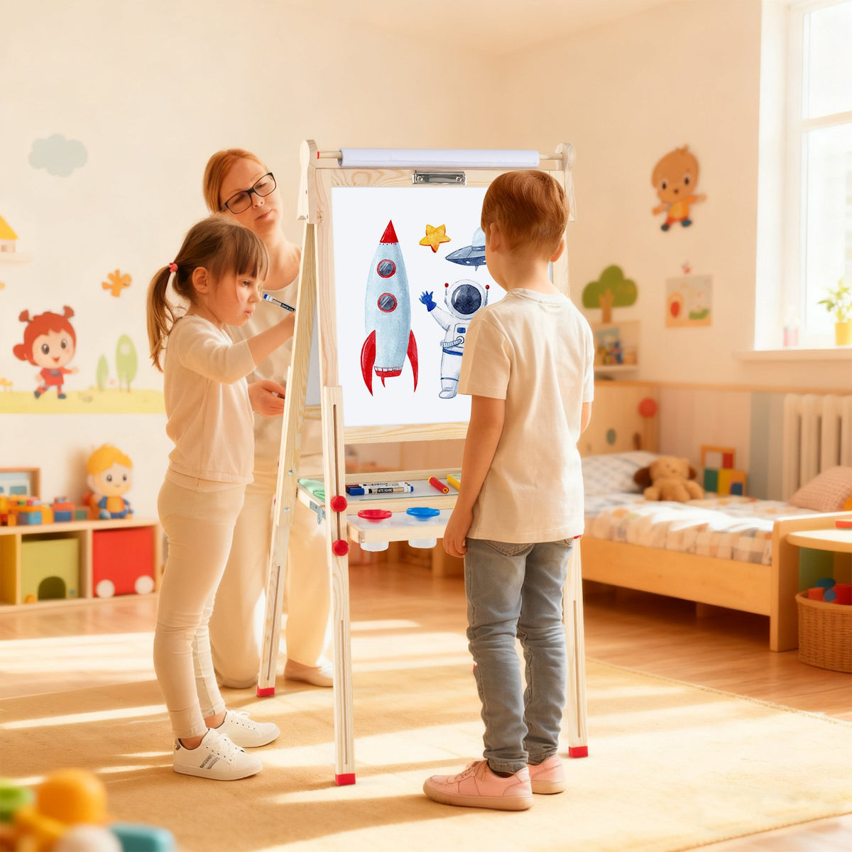 3-in-1 Double-Sided Folding Wooden Kids Art Easel with Paper Roll view 2