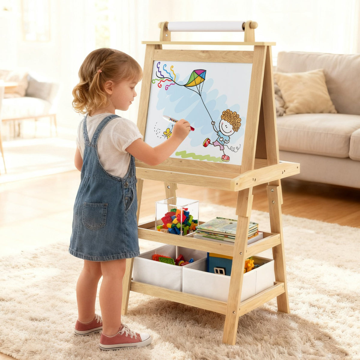 3-in-1 Double-Sided Storage Art Easel-Natural view 2