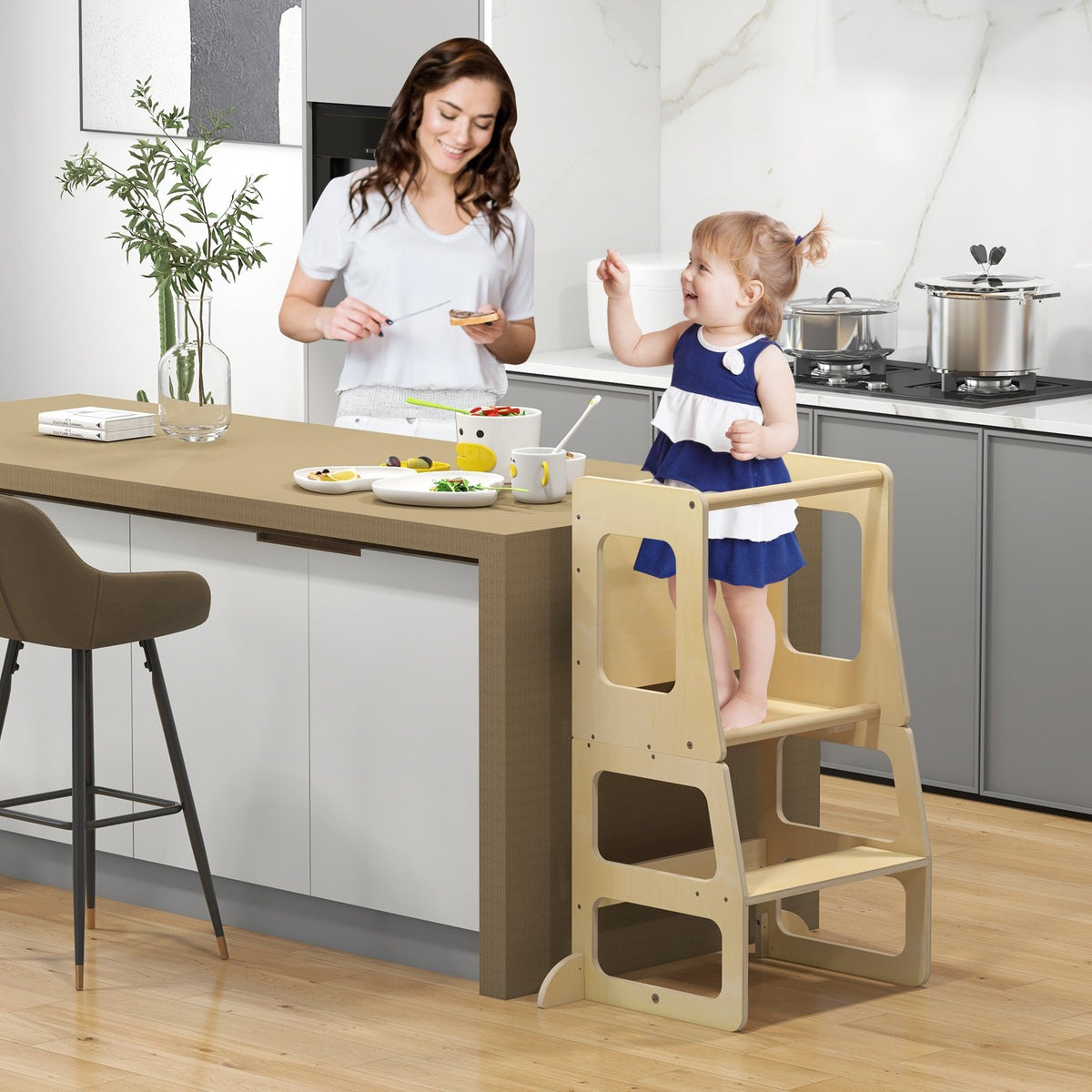 3-in-1 Foldable Kitchen Standing Tower for Toddlers with Chalkboard-Natural view 2