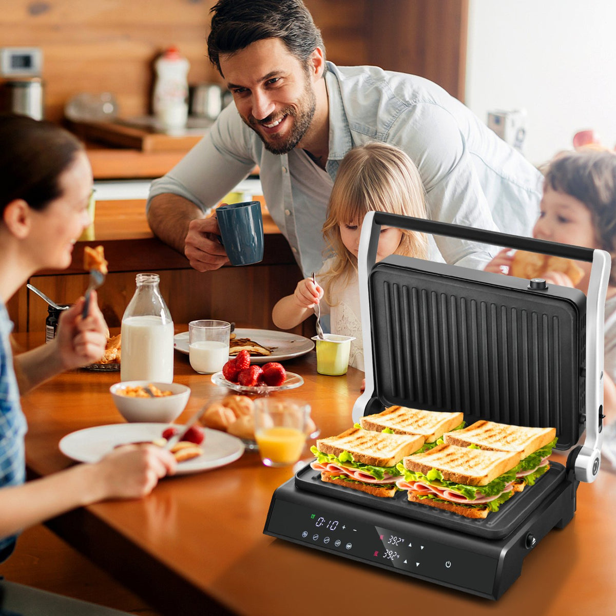 3 in 1 Indoor Electric Panini Press Grill with LED Display-Black view 2
