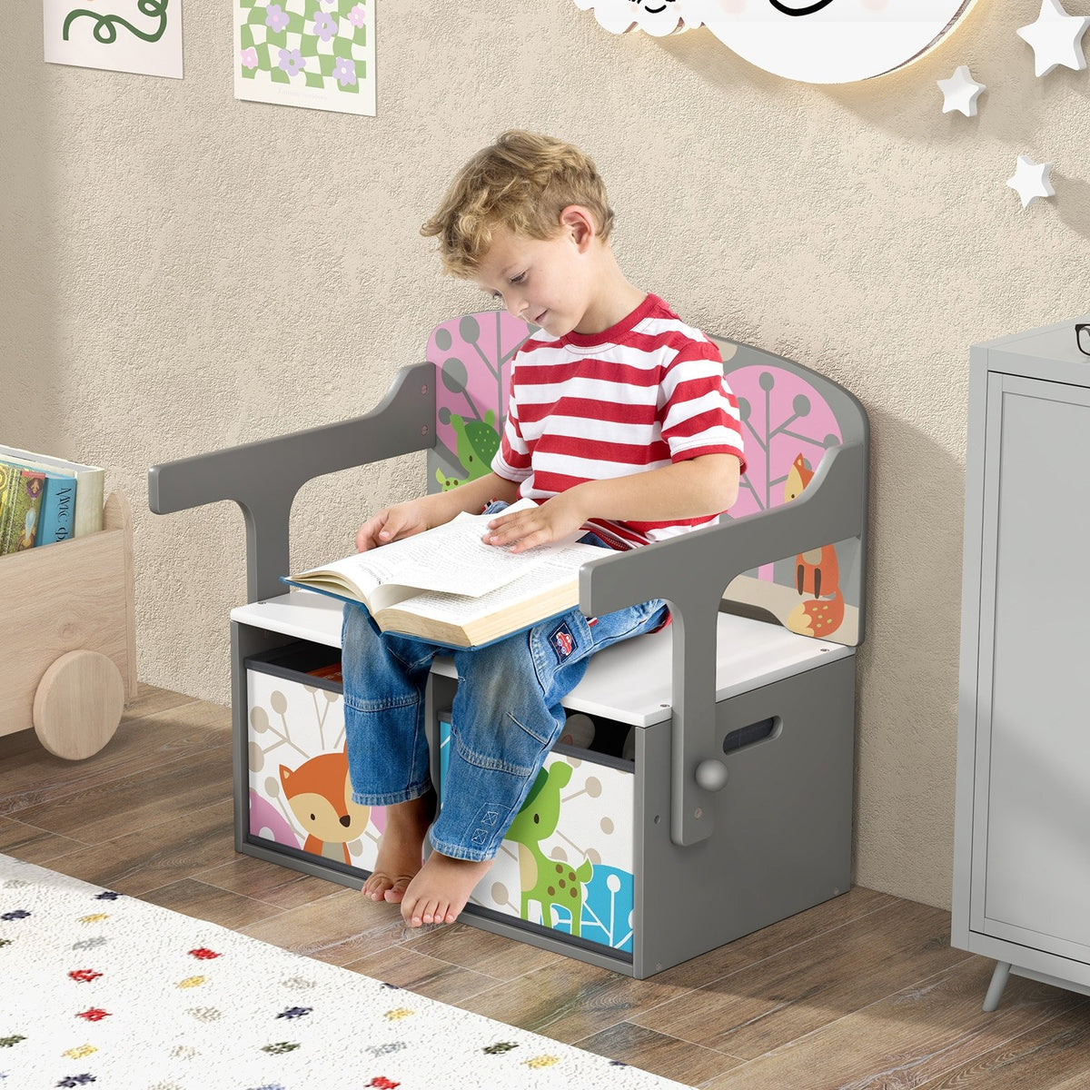 3 in 1 Kids Convertible Activity Bench with 2 Removable Fabric Bins-Gray view 2