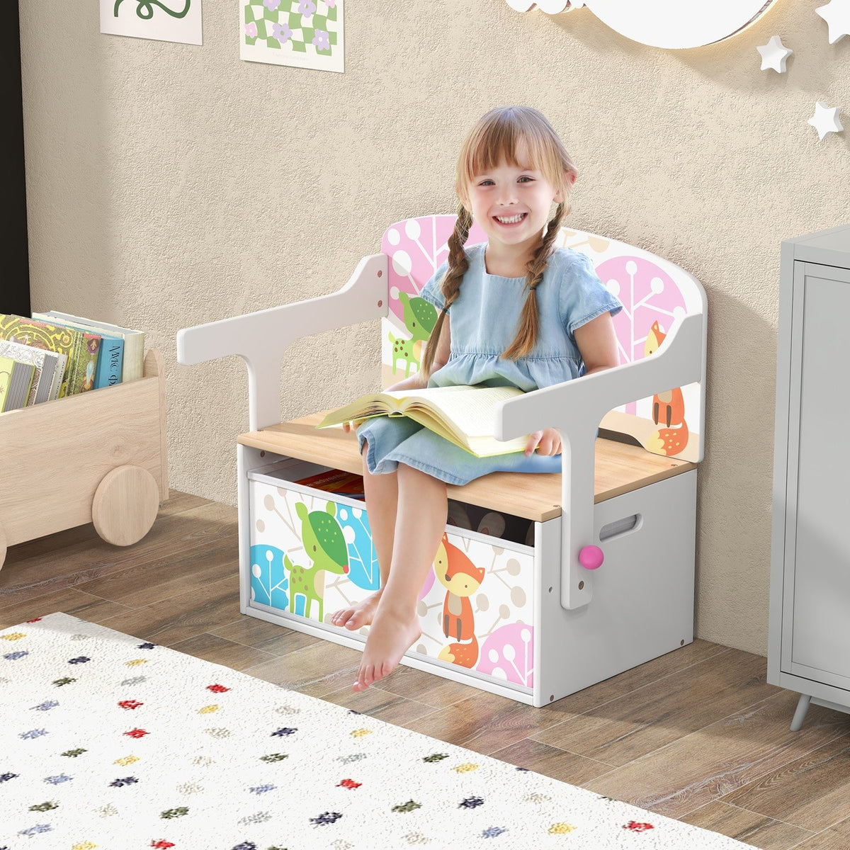 3 in 1 Kids Convertible Activity Bench with 2 Removable Fabric Bins-White view 2