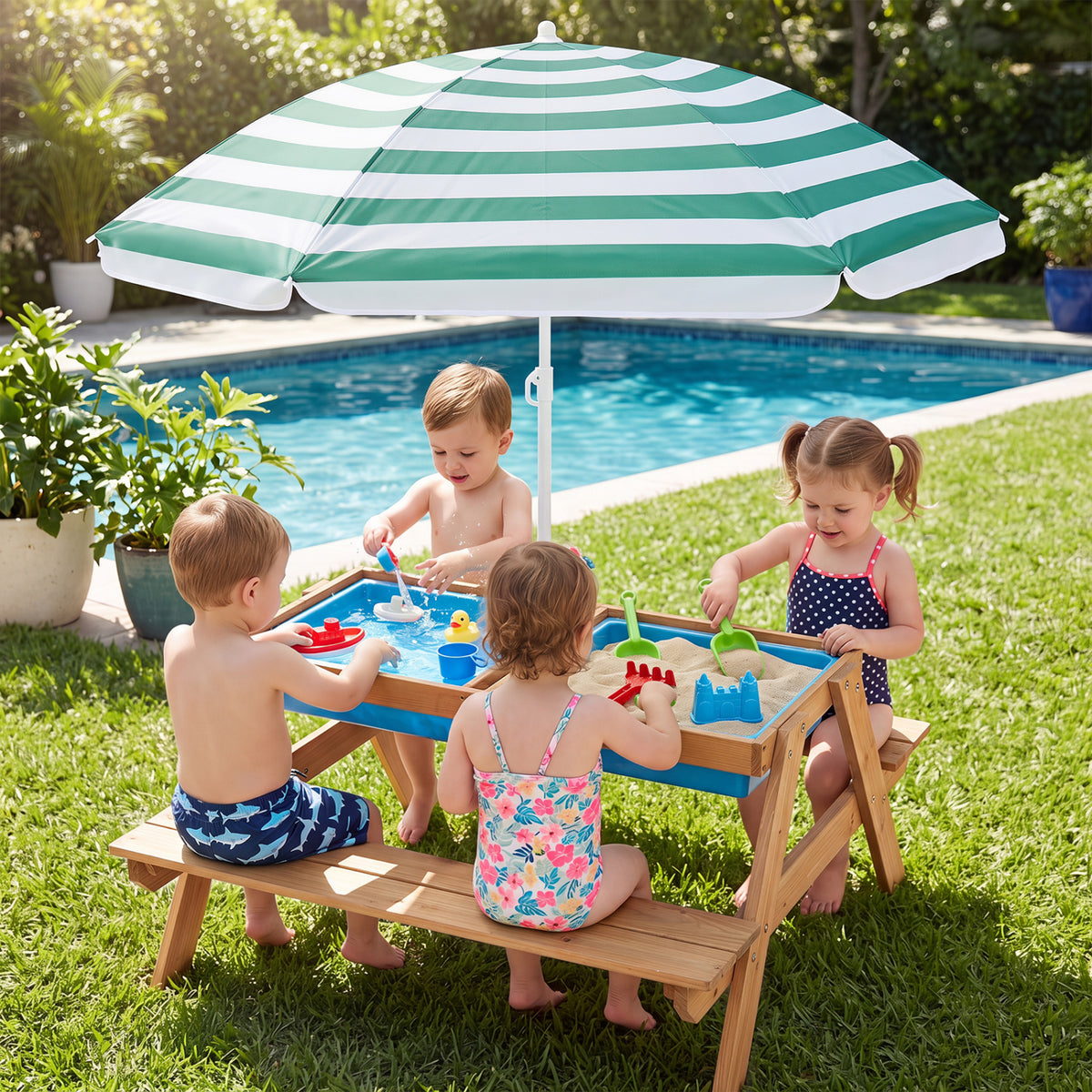 3-in-1 Kids Outdoor Picnic Water Sand Table with Removable Umbrella and Boxes-Green view 2