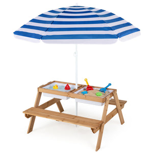 3-in-1 Kids Outdoor Picnic Water Sand Table with Removable Umbrella and Boxes-Navy