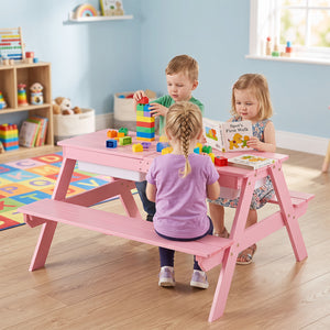 3-in-1 Kids Outdoor Picnic Water Sand Table with Removable Umbrella and Boxes-Pink view 3