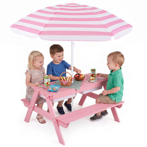 3-in-1 Kids Outdoor Picnic Water Sand Table with Removable Umbrella and Boxes-Pink view 4
