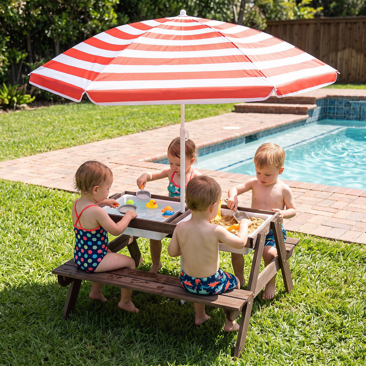 3-in-1 Kids Outdoor Picnic Water Sand Table with Removable Umbrella and Boxes-Red view 2