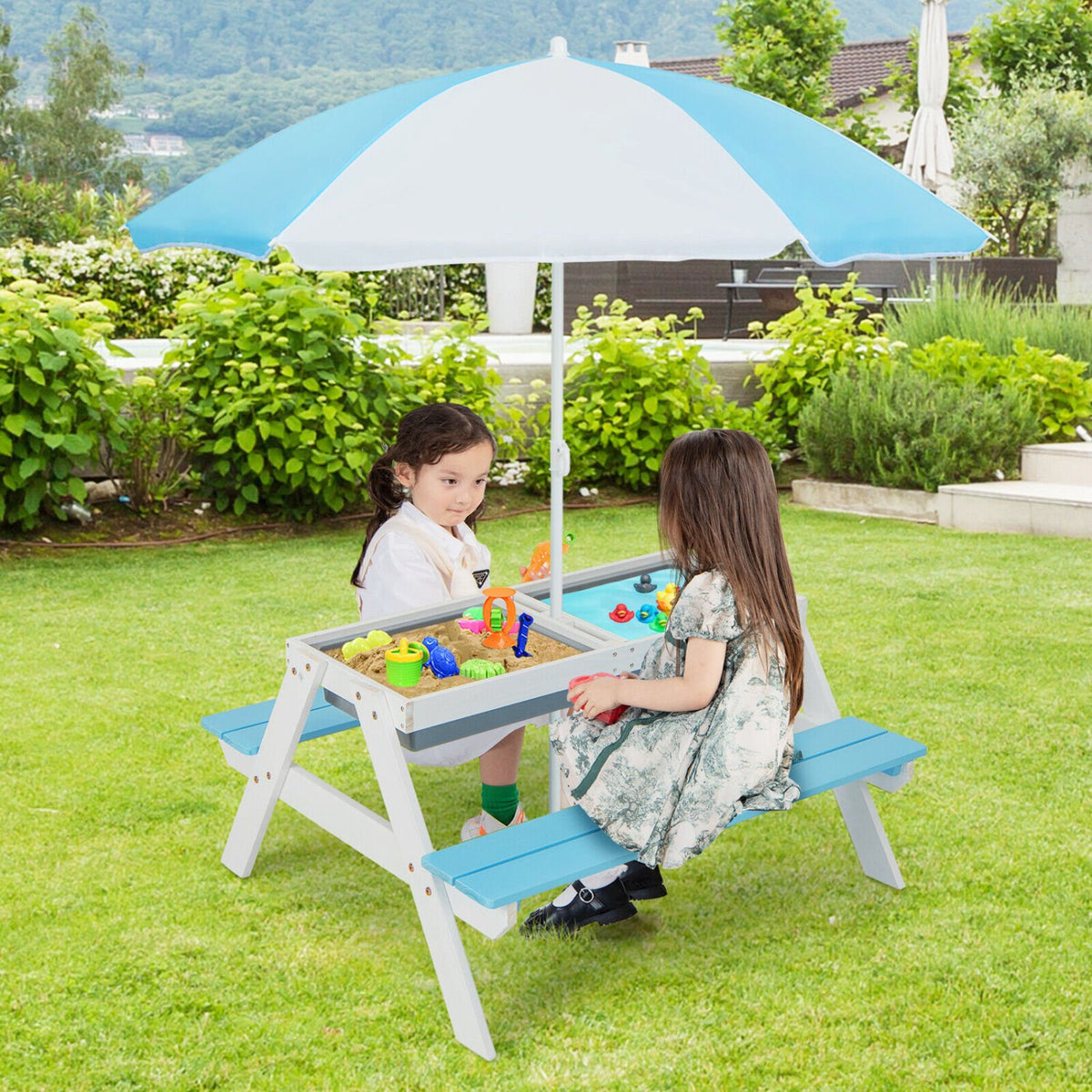 3-in-1 Kids Outdoor Picnic Water Sand Table with Umbrella Play Boxes-Blue view 2