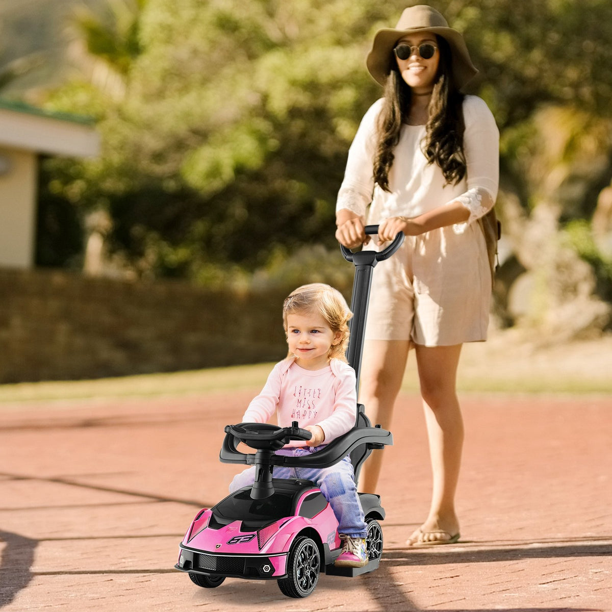 3-in-1 Licensed Lamborghini Ride on Push Car with Handle Guardrail-Pink view 2