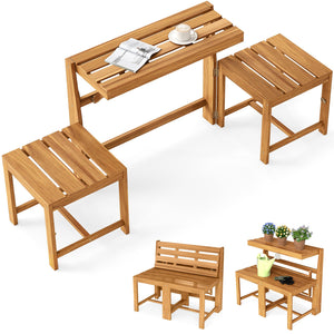 3-in-1 Outdoor Acacia Wood Loveseat Bench Furniture with Slatted Seat view 4