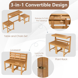 3-in-1 Outdoor Acacia Wood Loveseat Bench Furniture with Slatted Seat view 7