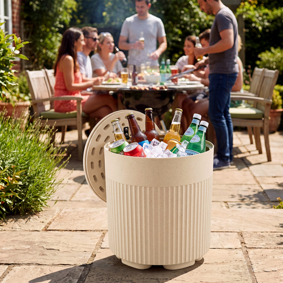 3-in-1 Outdoor Cooler Side Table with Fluted Design for Deck-Beige view 2