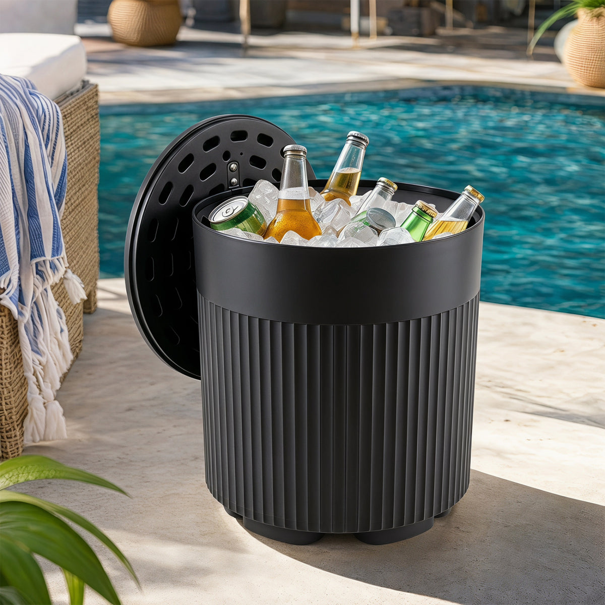 3-in-1 Outdoor Cooler Side Table with Fluted Design for Deck-Black view 2