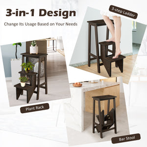 3-in-1 Rubber Wood 3 Tier Folding Step Stool Ladder Storage Shelf-Dark Brown view 5
