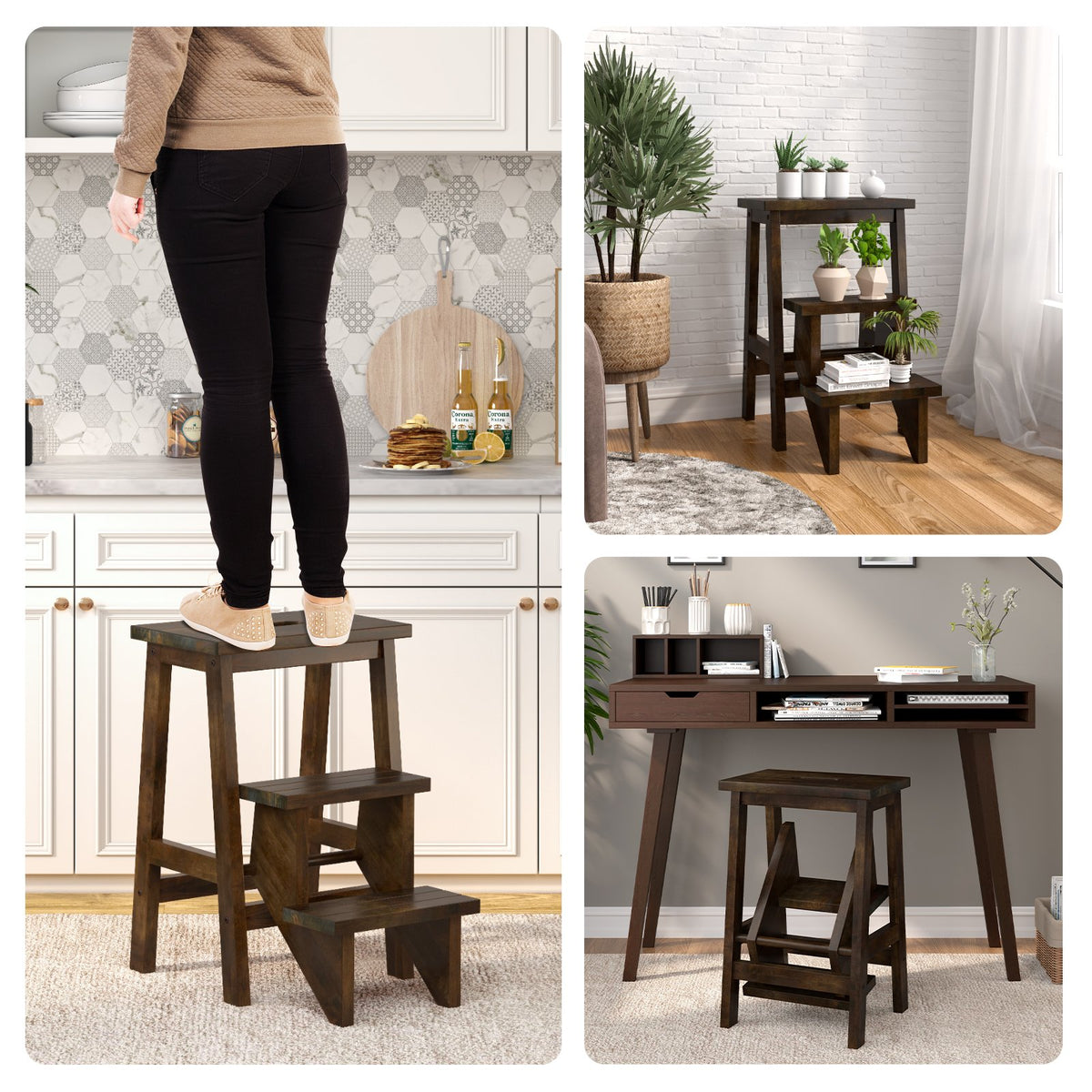 3-in-1 Rubber Wood Step Stool with Convenient Handle-Brown view 2