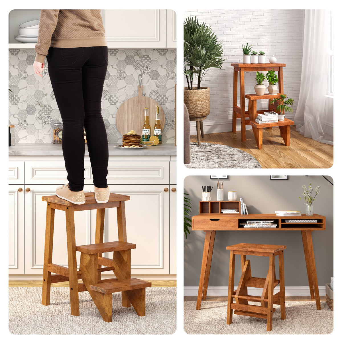 3-in-1 Rubber Wood Step Stool with Convenient Handle-Coffee view 2