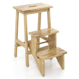 3-in-1 Rubber Wood Step Stool with Convenient Handle-Natural