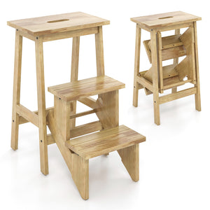 3-in-1 Rubber Wood Step Stool with Convenient Handle-Natural view 4