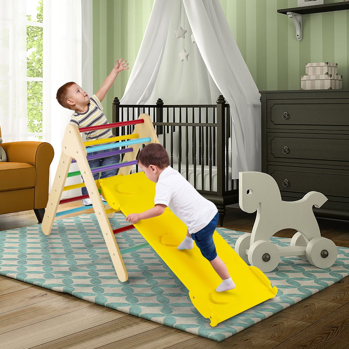 Patented 3-in-1 Wooden Climbing Triangle Set Triangle Climber with Ramp-Multicolor view 2