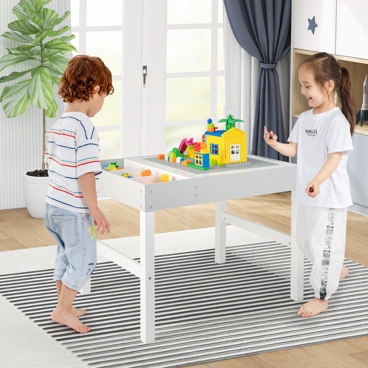 3 in 1 Wooden Kids Table with Storage and Double-Sided Tabletop-White view 2