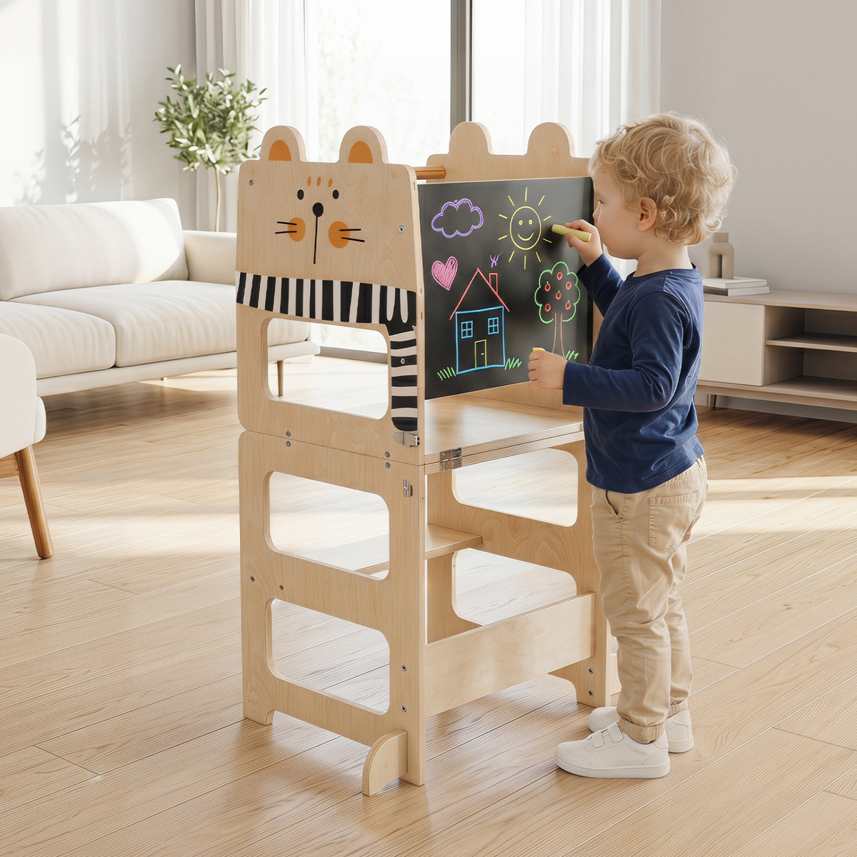 3-in-1 Wooden Kids Toddler Kitchen Step Stool with Blackboard-Black&White view 2