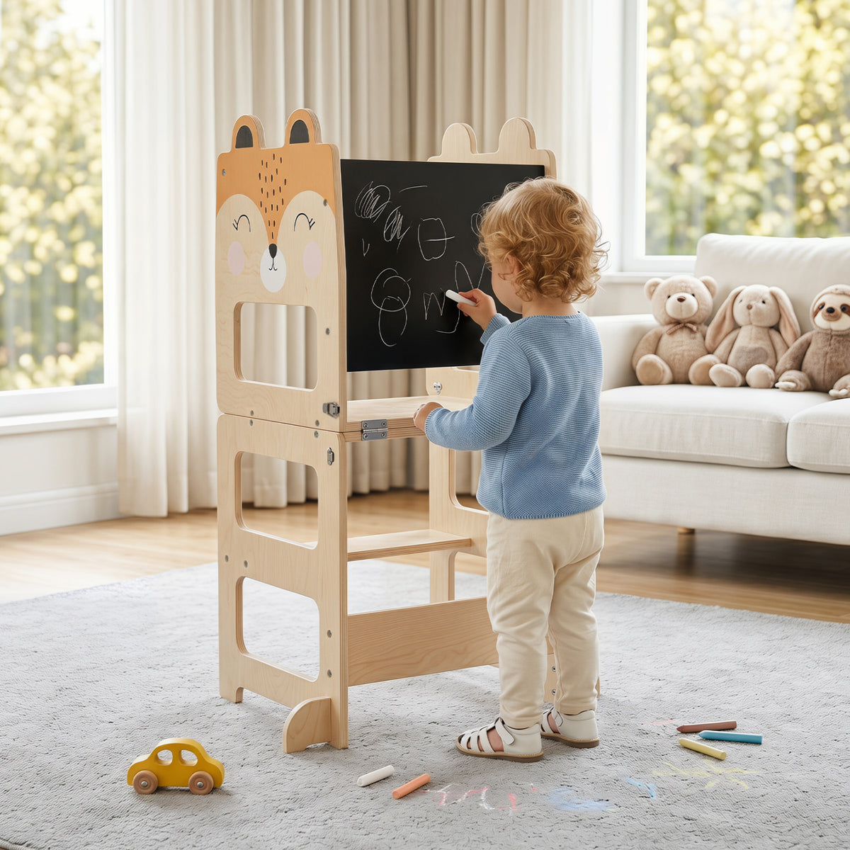 3-in-1 Wooden Kids Toddler Kitchen Step Stool with Blackboard-Orange view 2