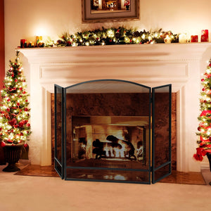 3-Panel Foldable Fireplace Screen with Wrought Metal Mesh-Black view 2
