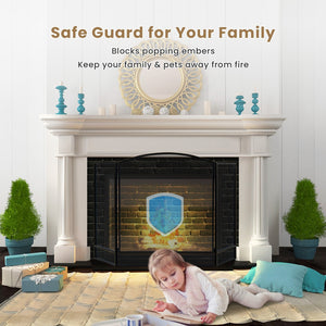 3-Panel Foldable Fireplace Screen with Wrought Metal Mesh-Black view 7
