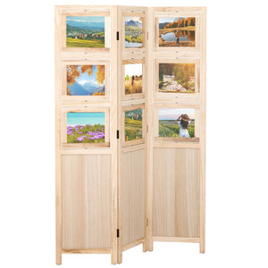 3 Panel Folding Privacy Screen with 9 Swivel Paulownia Wood Photo Frames-Natural view 4