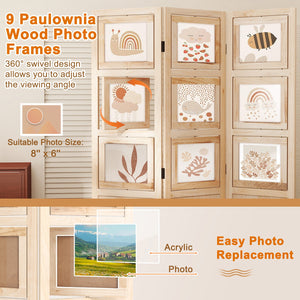 3 Panel Folding Privacy Screen with 9 Swivel Paulownia Wood Photo Frames-Natural view 9