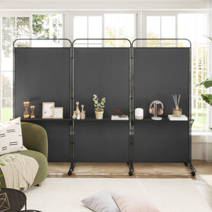 3-Panel Folding Room Divider with 3 Metal Shelves and Lockable Wheels-Black view 2