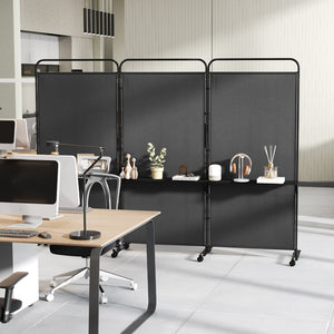 3-Panel Folding Room Divider with 3 Metal Shelves and Lockable Wheels-Black view 3