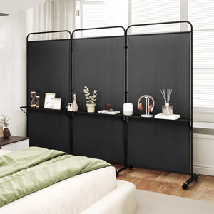 3-Panel Folding Room Divider with 3 Metal Shelves and Lockable Wheels-Black view 6